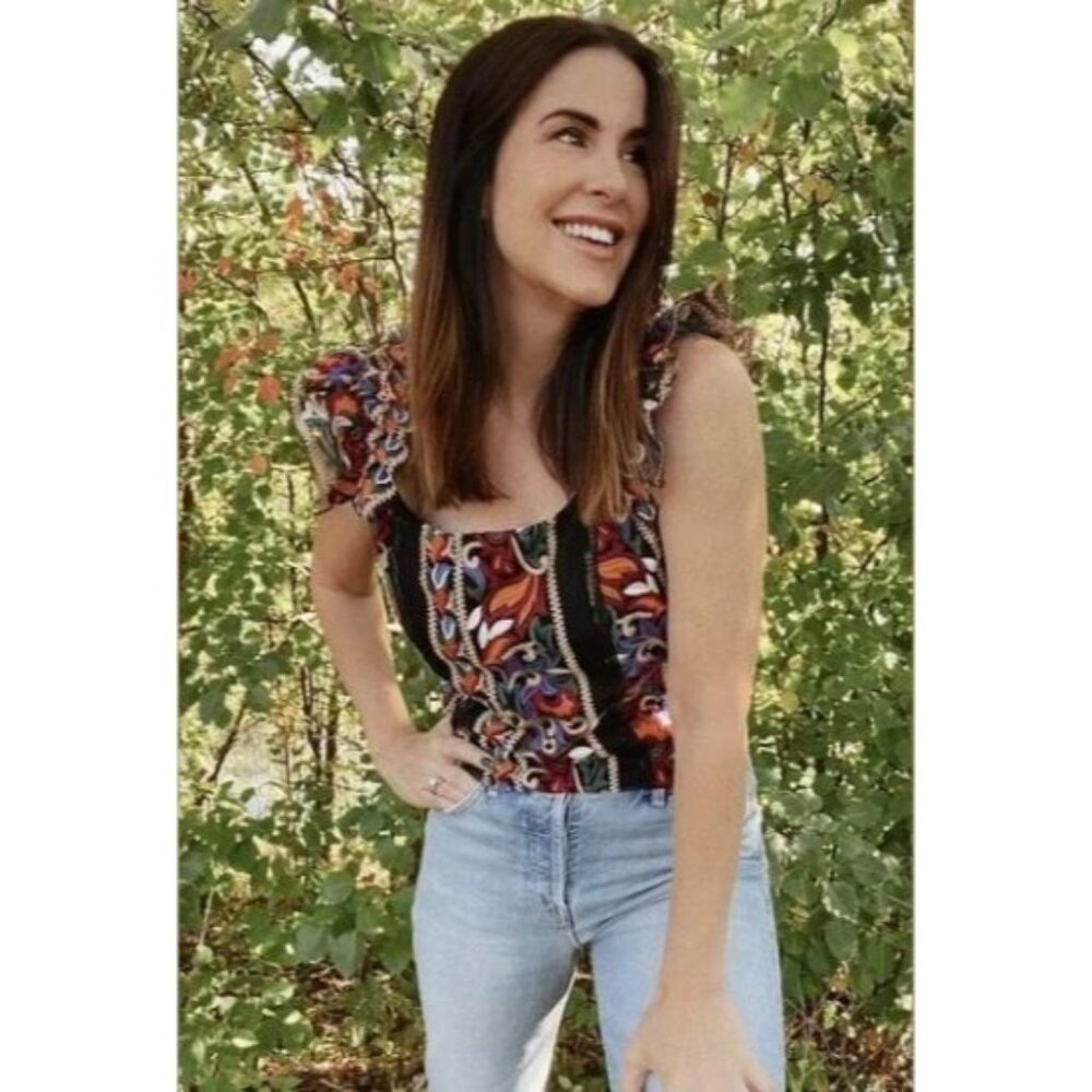 Anthropologie Peachypeach Embroidered Floral Ruffle Sleeve Top‎ Size Small NWT